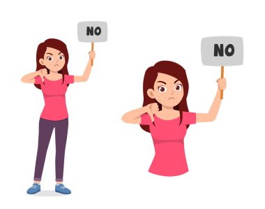 young good looking woman holding board said no