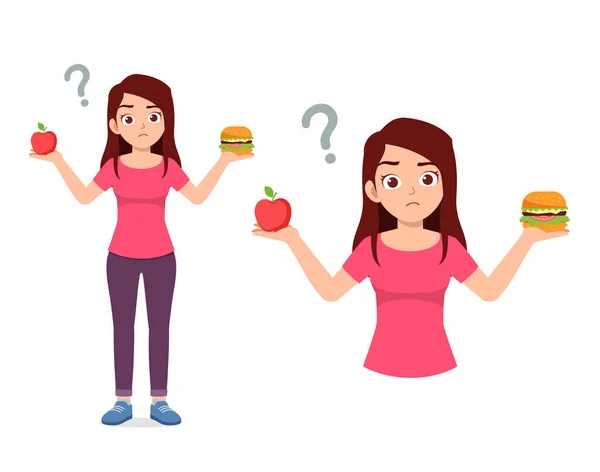 Young Good Looking Woman Choose Healthy Food Junk Food — Stock vektor