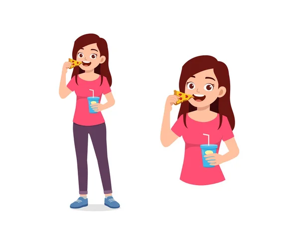 Young Good Looking Woman Eat Unhealthy Fast Food — Stockvector