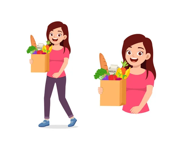 Young Good Looking Woman Carry Bag Full Grocery — Vetor de Stock