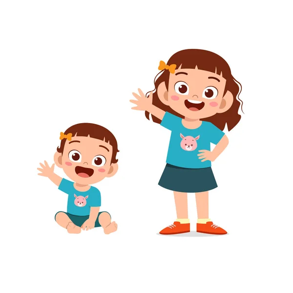 Linda Niña Decir Hola Con Joven Hermana — Vector de stock