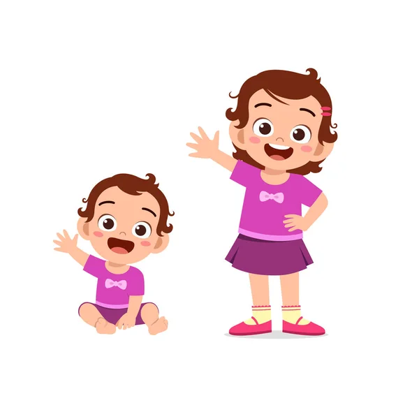 Linda Niña Decir Hola Con Joven Hermana — Vector de stock