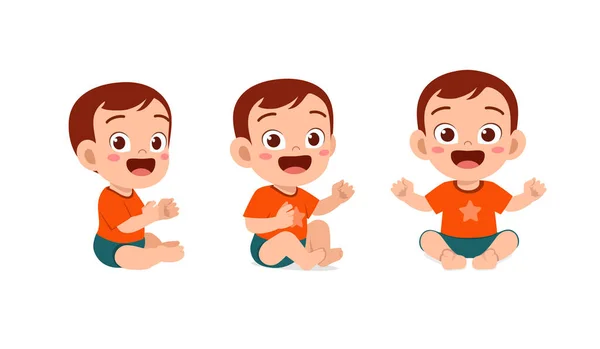Schattig Baby Jongen Zitten Glimlach Pose Set — Stockvector
