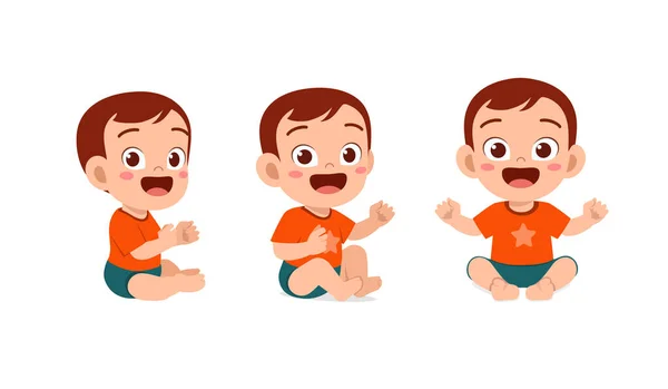 Lindo Bebé Niño Sentarse Sonrisa Pose Conjunto — Vector de stock