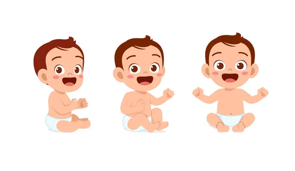 Schattig Baby Jongen Zitten Glimlach Pose Set — Stockvector