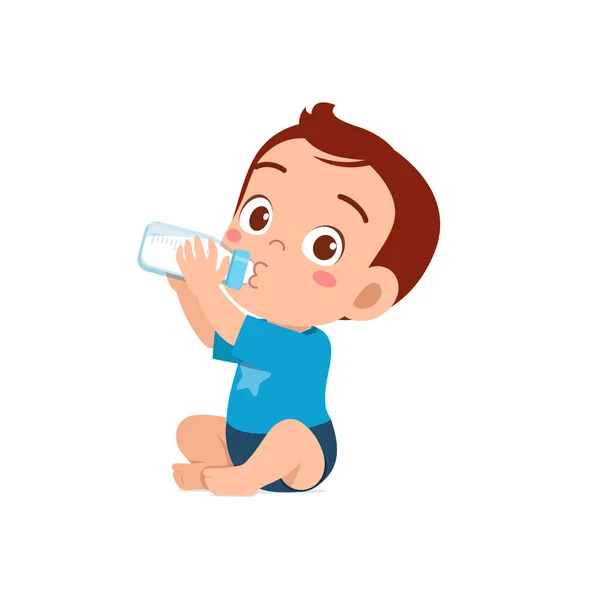 Lindo Bebé Niño Beber Leche Biberón — Vector de stock