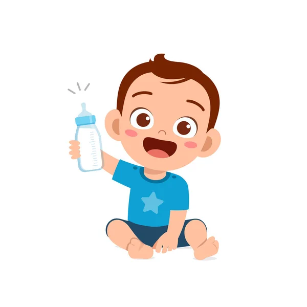 Schattig Baby Jongen Drinken Melk Uit Fles — Stockvector