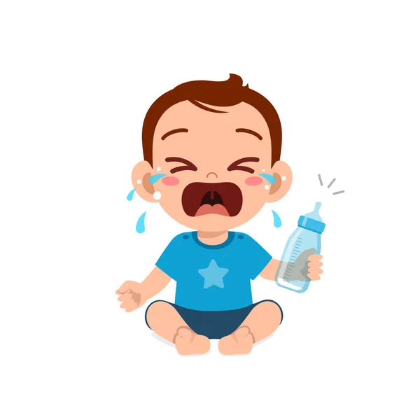 Cute Little Baby Boy Cry Holding Empty Milk Bottle — Stock Vector