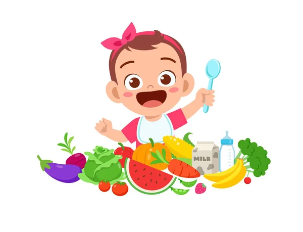 Cute Little Baby Girl Eat Fruit Vegetable — Stock Vector