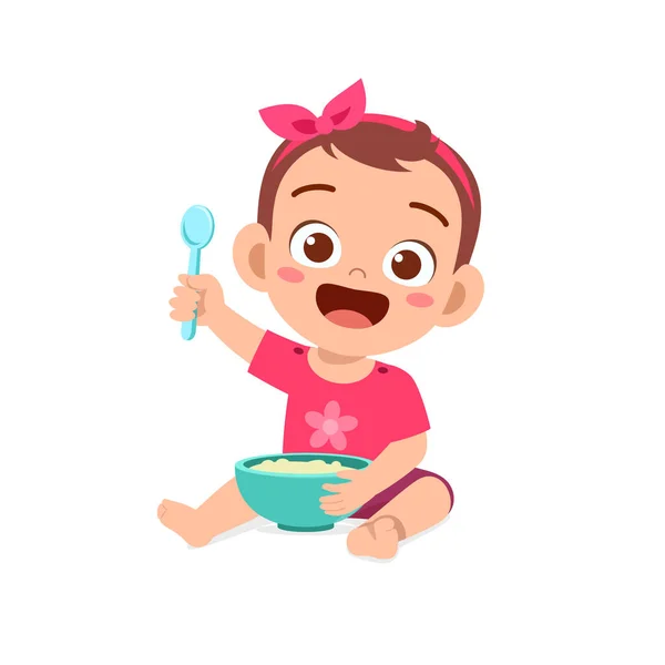 Cute Little Baby Girl Eat Porridge Bowl Spoon — Stock Vector