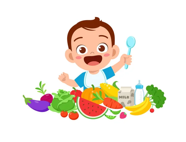 Bonito Pequeno Bebê Menino Comer Frutas Vegetais —  Vetores de Stock