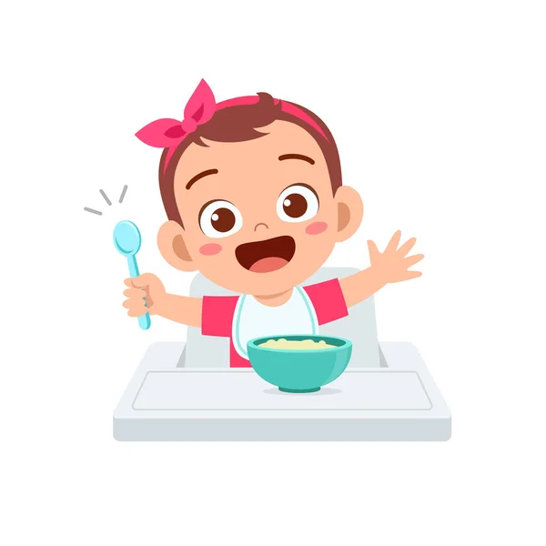 可爱的小女孩用勺子在碗里吃粥 — 图库矢量图片