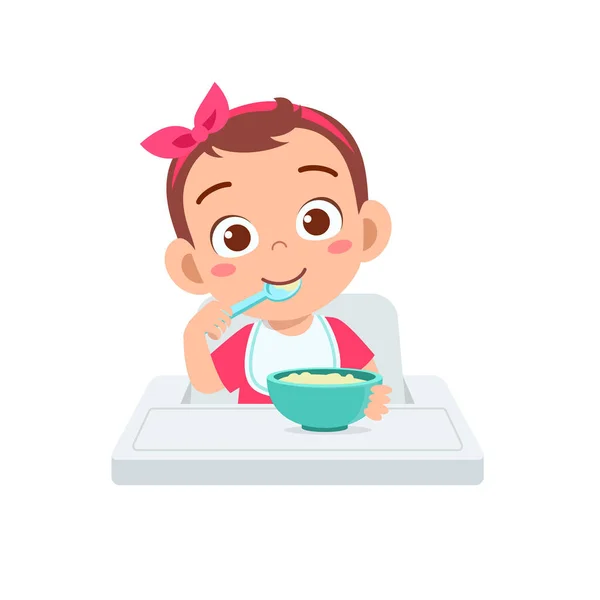 Linda Niña Comer Gachas Tazón Con Cuchara — Vector de stock