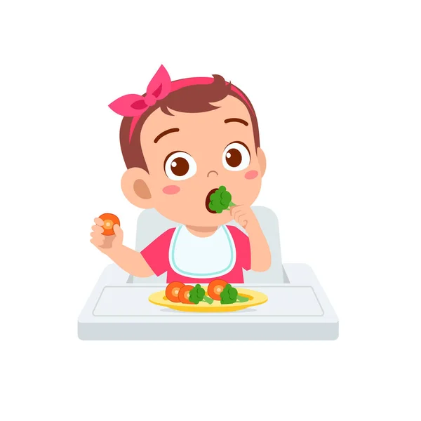 Lindo Pequeño Bebé Comer Frutas Verduras — Vector de stock