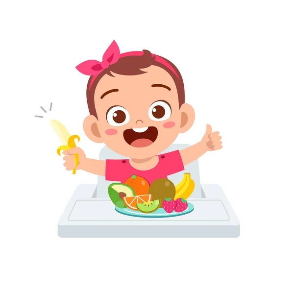 Lindo Pequeño Bebé Comer Frutas Verduras — Vector de stock