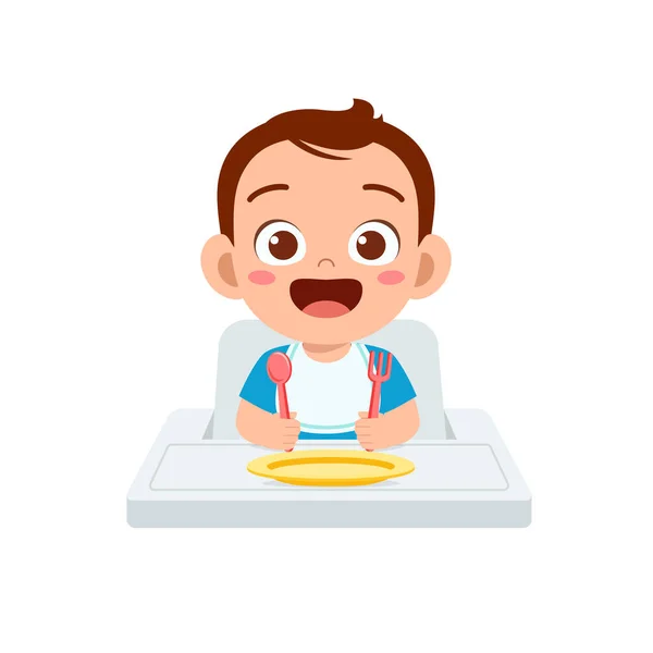Mignon Petit Garçon Manger Porridge Dans Bol Avec Cuillère — Image vectorielle