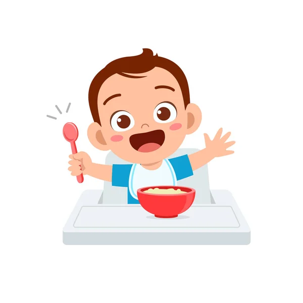 Lindo Bebé Niño Comer Gachas Tazón Con Cuchara — Vector de stock