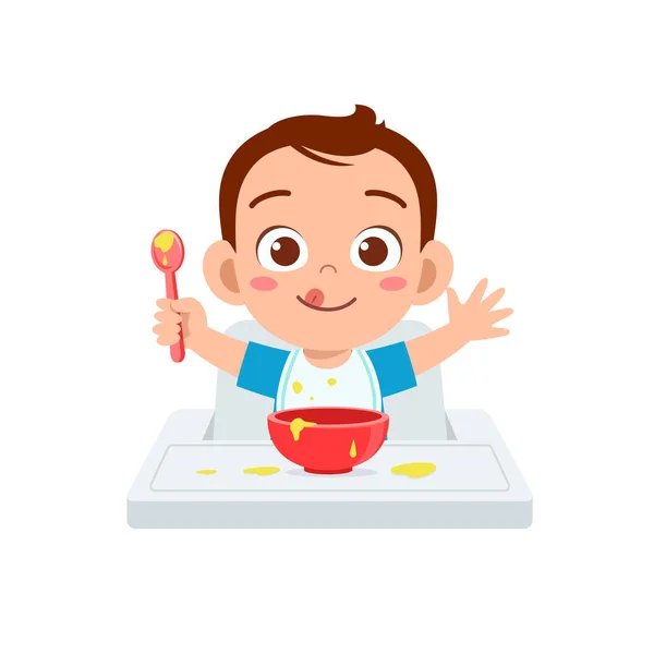 Cute Little Baby Boy Eat Porridge Bowl Spoon — Stock Vector