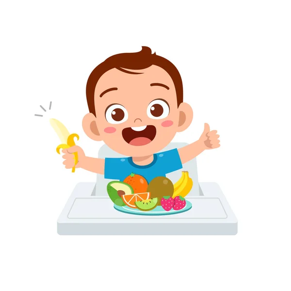 Lindo Pequeño Bebé Comer Frutas Verduras — Vector de stock