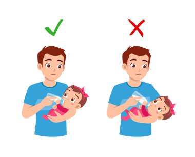 Babanın bebeği beslemesi için iyi ve kötü bir yol.