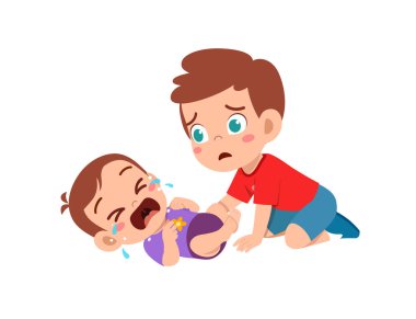 Sevimli küçük oğlan ağlayan küçük kardeşi teselli etmeye çalış.
