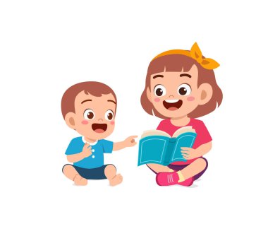 Küçük tatlı kız, küçük kardeşiyle birlikte kitap okuyor.