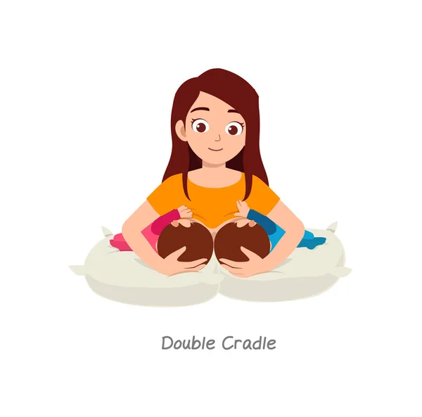 Mother Breastfeeding Twin Baby Pose Named Double Cradle — ストックベクタ