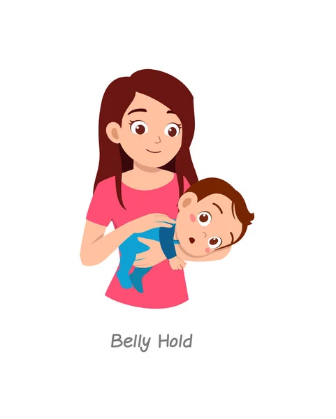 Mother Holding Baby Pose Named Belly Hold — 图库矢量图片