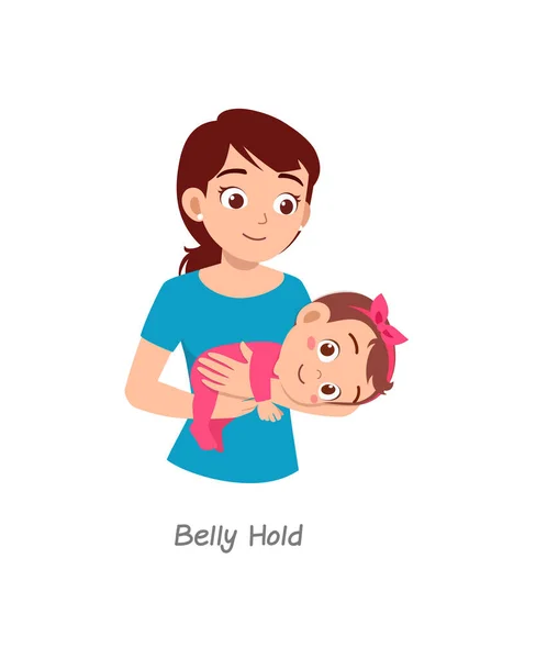 Mother Holding Baby Pose Named Belly Hold — Stock Vector