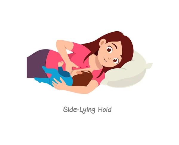 Mother Breastfeeding Baby Pose Named Side Lying Hold — ストックベクタ