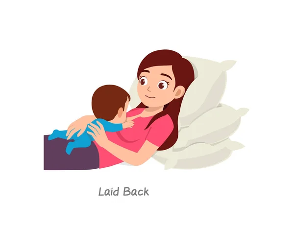 Mother Breastfeeding Baby Pose Named Laid Back — Stock Vector