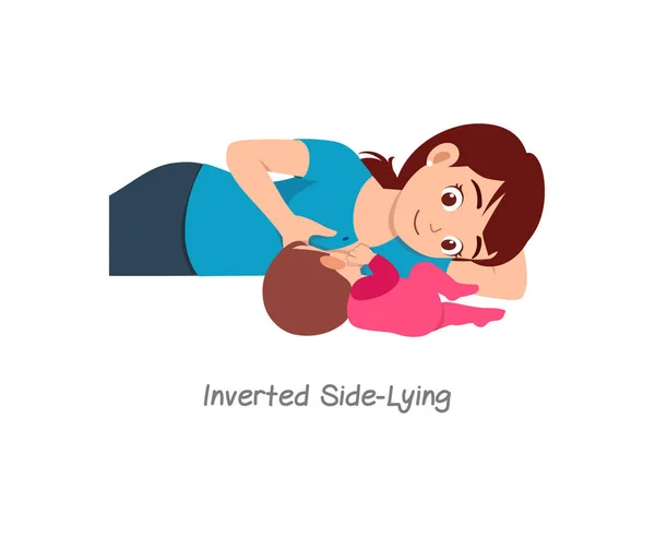 Mãe Amamentando Bebê Com Pose Chamada Lado Invertido Deitado — Vetor de Stock
