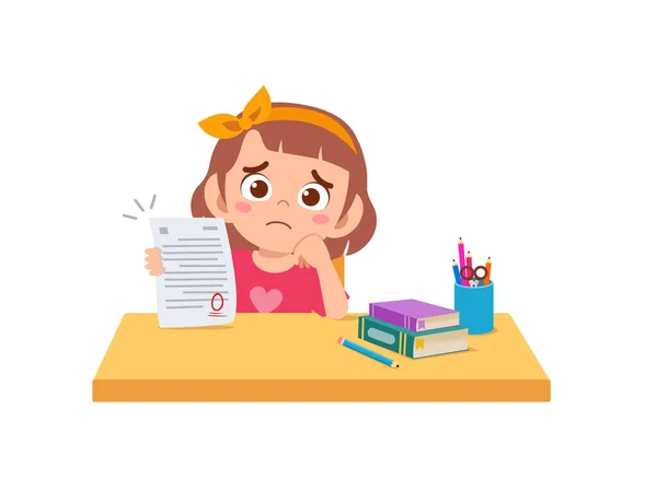 Cute Little Girl Feel Sad Because Get Bad Grade Exam — 스톡 벡터