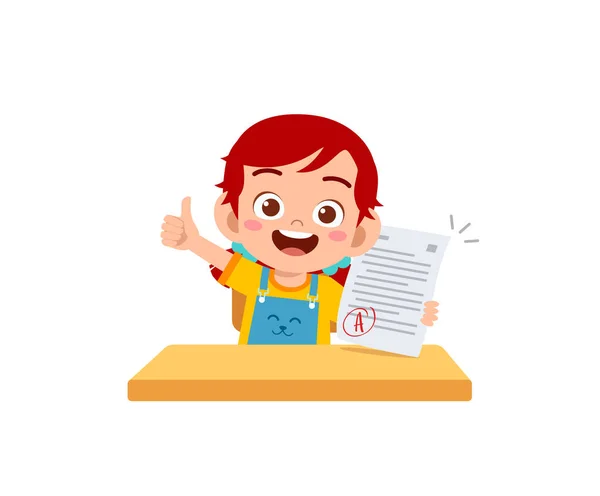 Lindo Niño Siente Feliz Porque Obtener Una Buena Calificación Examen — Vector de stock