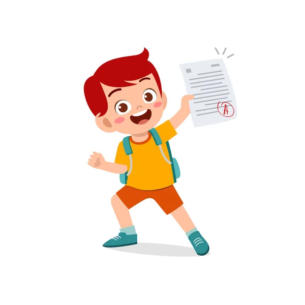 Lindo Niño Siente Feliz Porque Obtener Una Buena Calificación Examen — Vector de stock