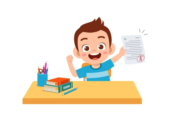 Cute Little Boy Feel Happy Because Get Good Grade Exam — Stock Vector