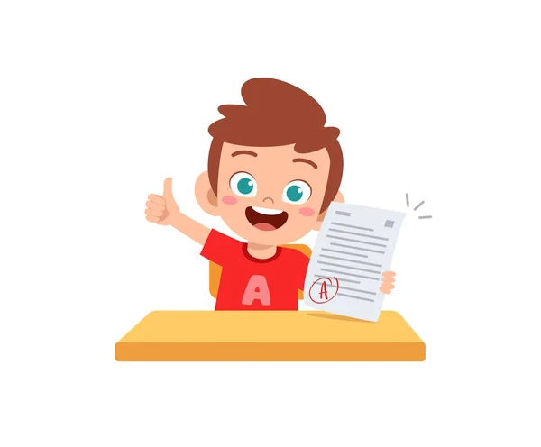 Lindo Niño Siente Feliz Porque Obtener Una Buena Calificación Examen — Vector de stock