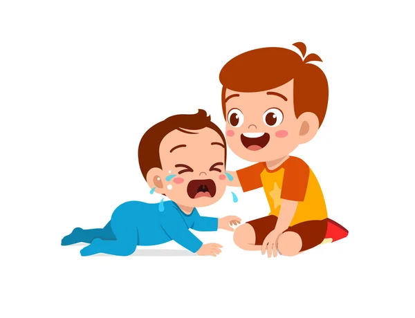 Lindo Pequeño Niño Tratar Consolar Llorando Hermanito — Vector de stock