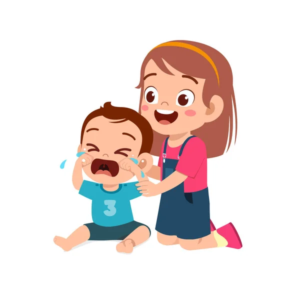 Cute Little Girl Try Comfort Crying Baby Brother — Stock Vector