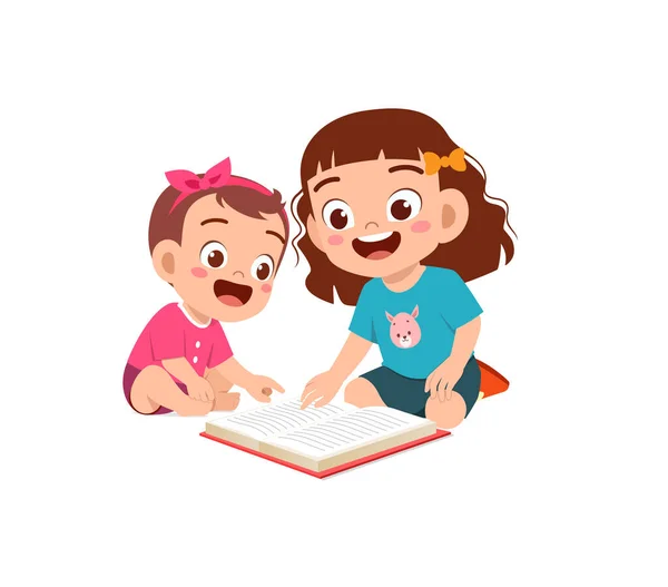 Cute Little Girl Read Book Baby Sister Sibling Together — 图库矢量图片