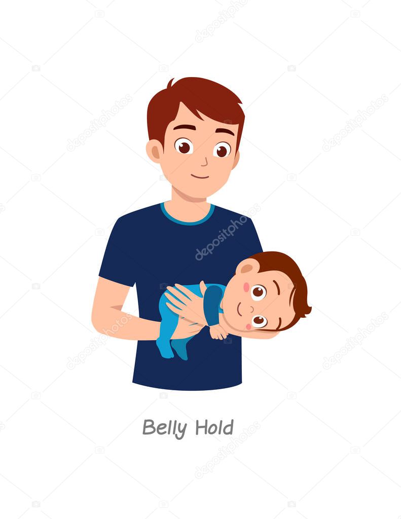 father holding baby with pose named belly hold