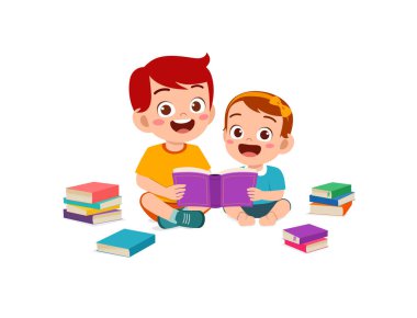 Küçük tatlı çocuk, küçük kız kardeşiyle birlikte kitap okudu.