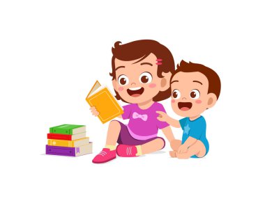 Küçük tatlı kız, küçük kardeşiyle birlikte kitap okuyor.