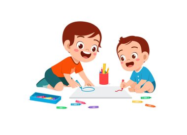 Küçük şirin çocuk, küçük kardeşiyle birlikte çiziyor.
