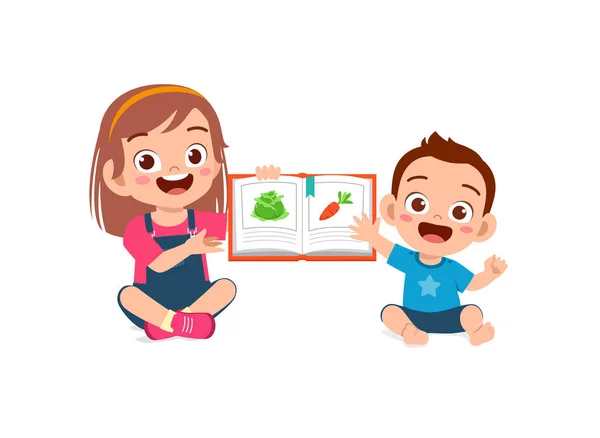 Linda Niña Leer Libro Con Hermanito Bebé Juntos — Vector de stock