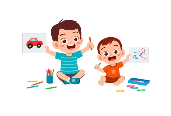 Cute Little Boy Drawing Together Baby Sibling — 图库矢量图片