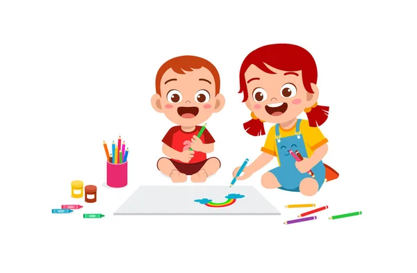 Cute Little Girl Drawing Together Baby Sibling — 图库矢量图片