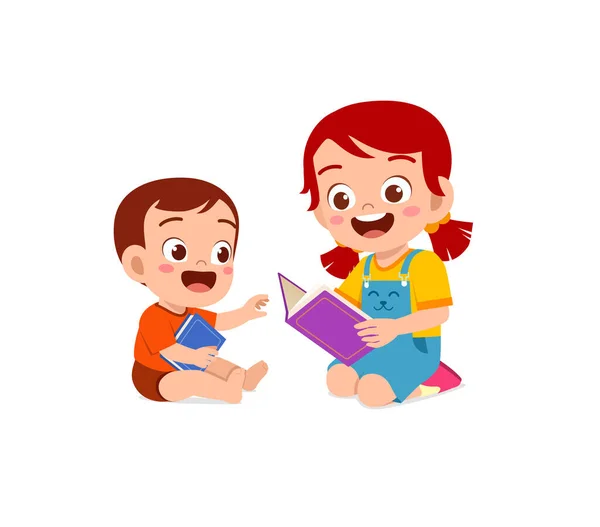 Cute Little Girl Read Book Baby Brother Sibling Together — Stock Vector