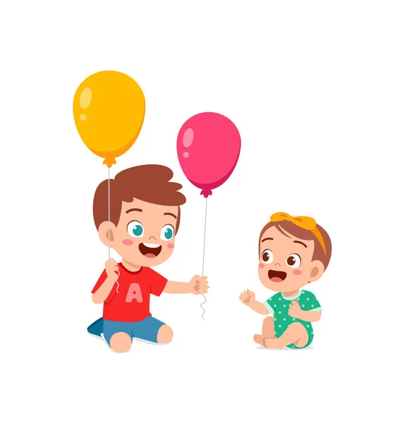 可爱的小男孩和小弟弟玩气球 — 图库矢量图片