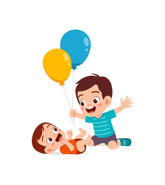 Cute Little Boy Play Balloon Baby Sibling — Stock Vector